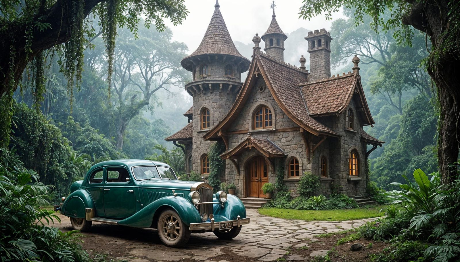 Whimsical Elven Car Before Ornate Cottage in Mysterious Jung...