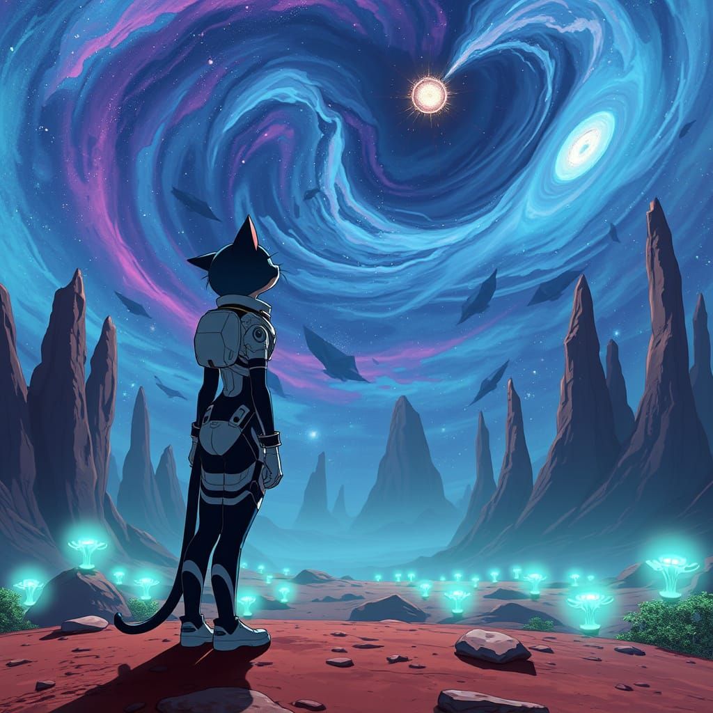 Anime Catgirl Stands Amidst Alien Landscape in Swirling Nebu...