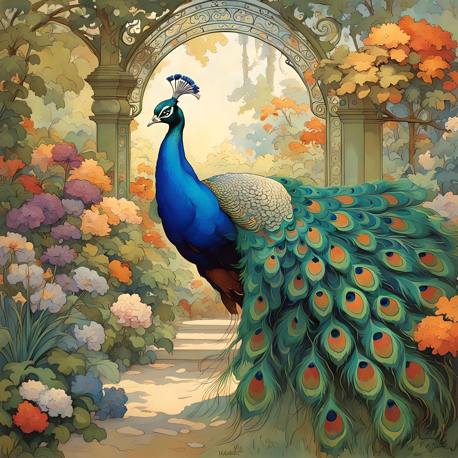 Peacock Display in Art Nouveau Style