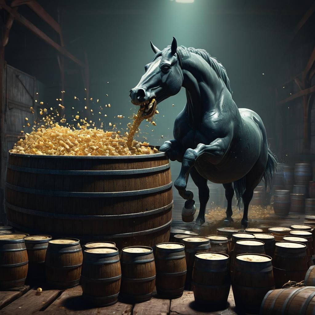 Demonic Horse Vomiting into Barrels: 3D Digital Art