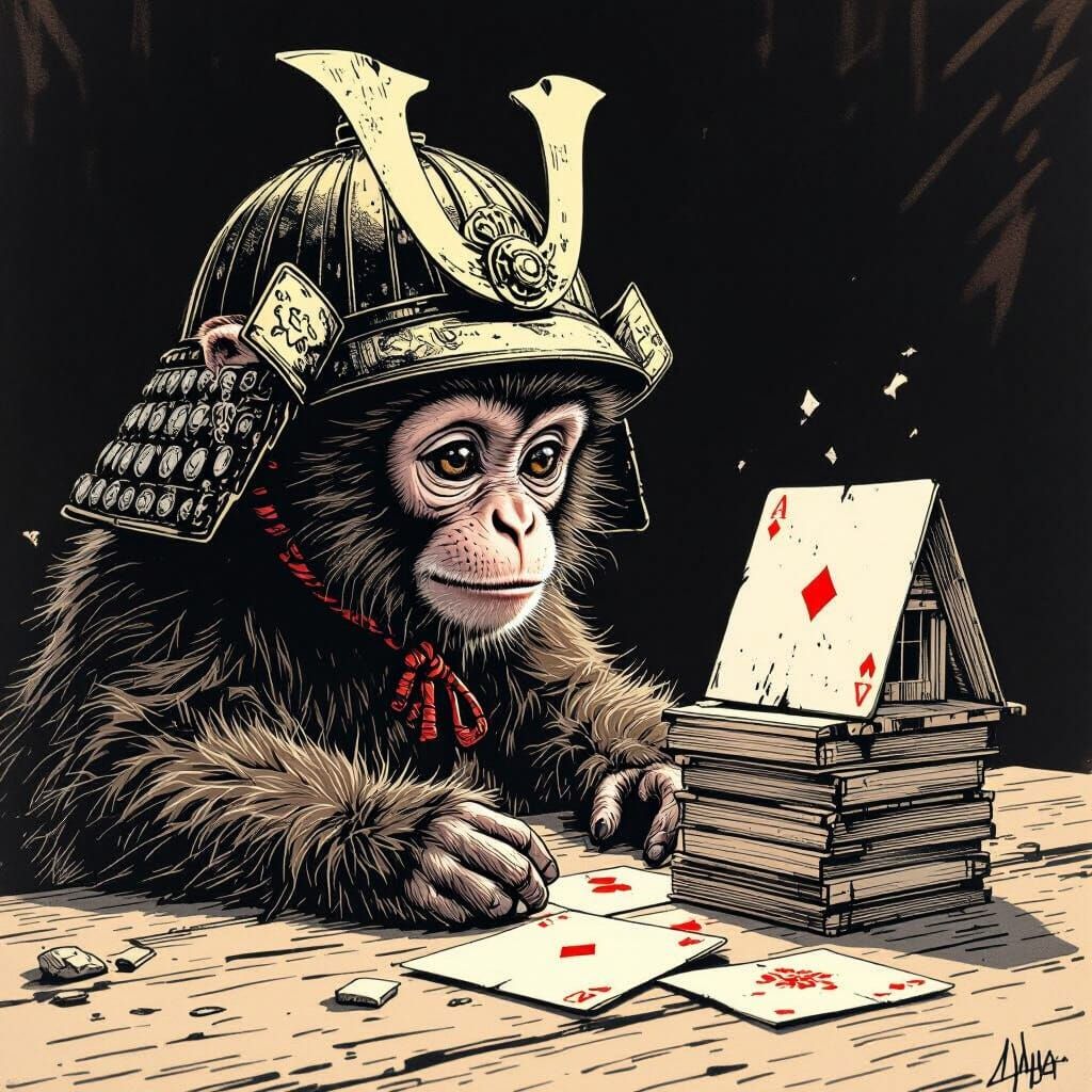 Monkey Samurai Intently Gazing, Ink Drawing