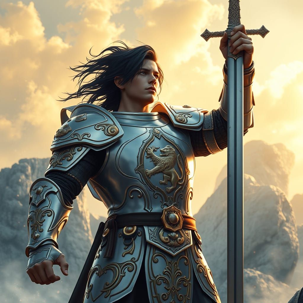 Ethereal Young Paladin in Silver-White Plate Armor Wields Sw...