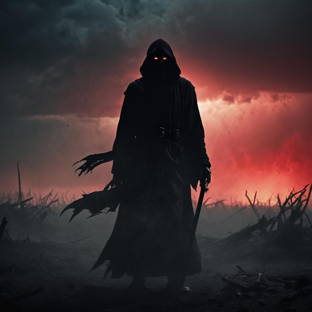 Grim Reaper on War-Torn Battlefield in Cinematic Style