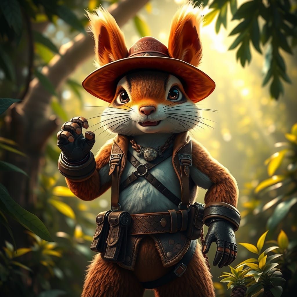 Adventurer Squirrel in Jungle, Hyperrealistic Digital Art