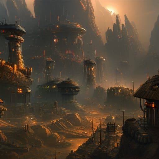 Fantastical Robotic Clockwork City in Detailed Matte Paintin...