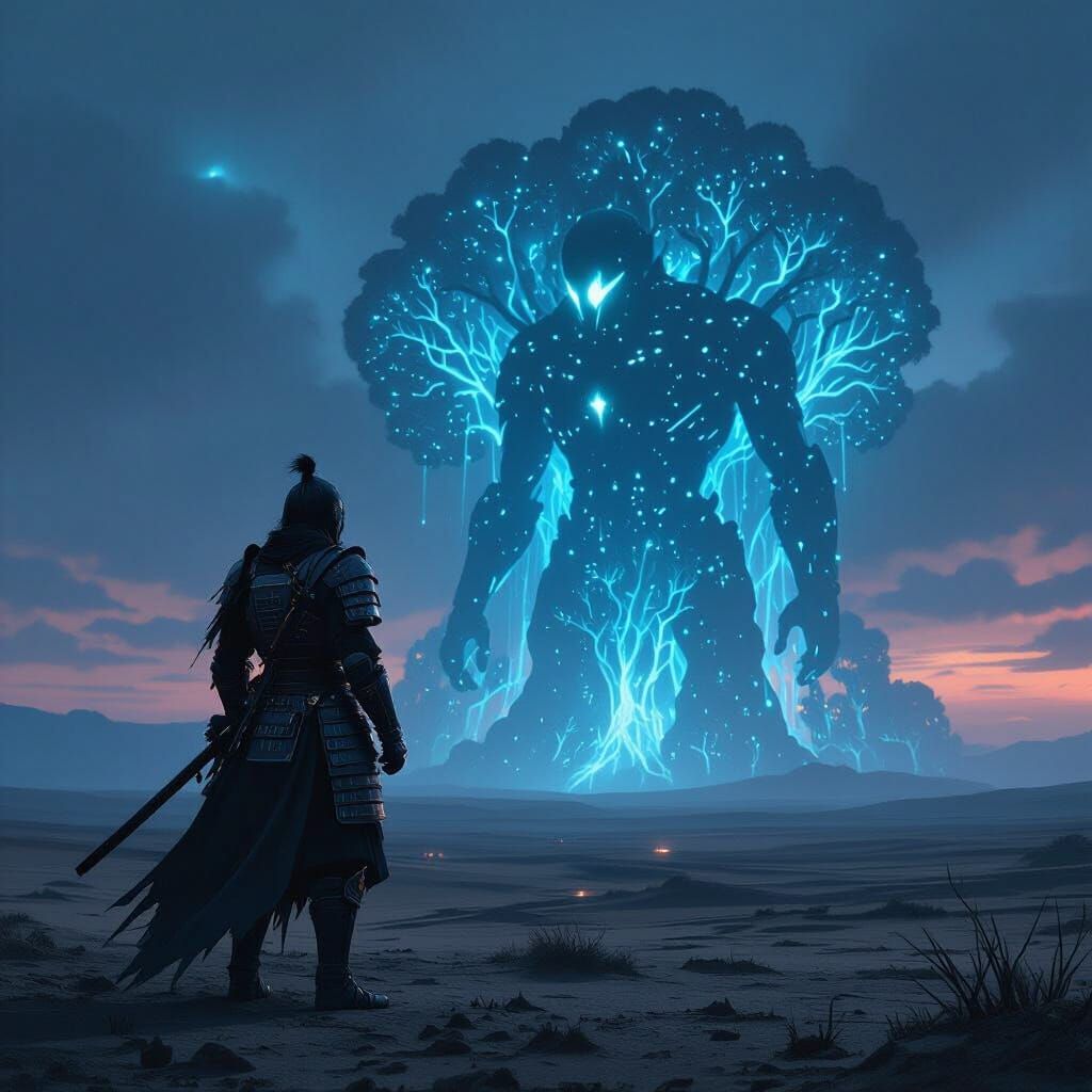 Knight in Samurai Armor Gazing at Bioluminescent Forest