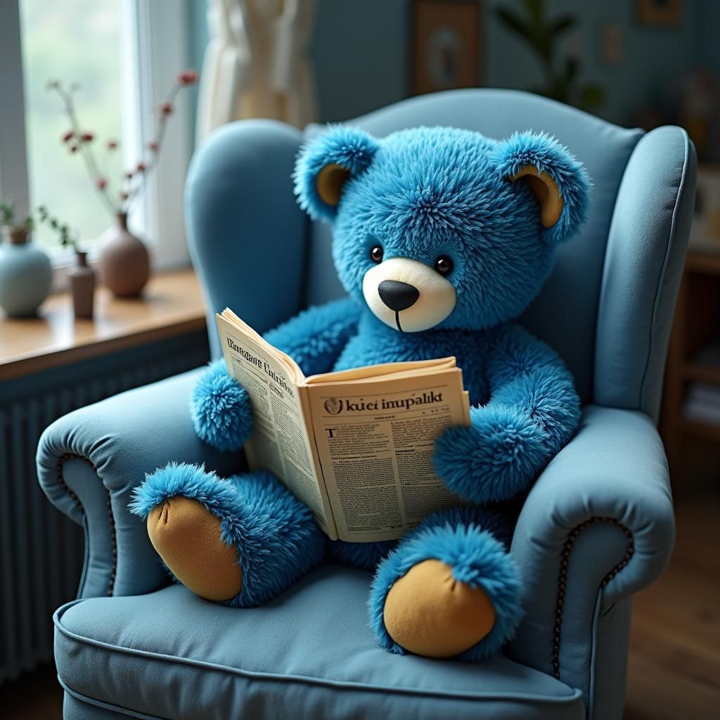 Blue Teddy Bear Reading Newspaper in Art Nouveau Style