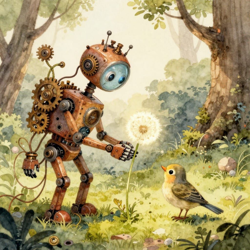 Whimsical Robot Offers Glowing Dandelion to Bird