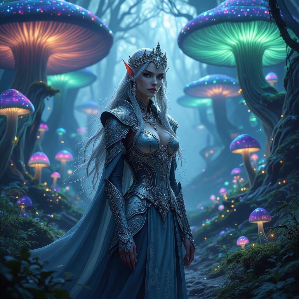 Ethereal Elf Queen in Glowing Mushroom Forest