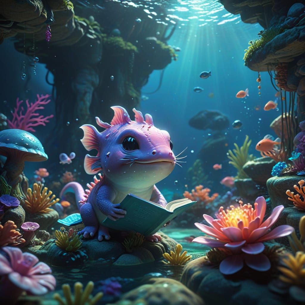 Chibi Axolotl in Vibrant Underwater Library Scene