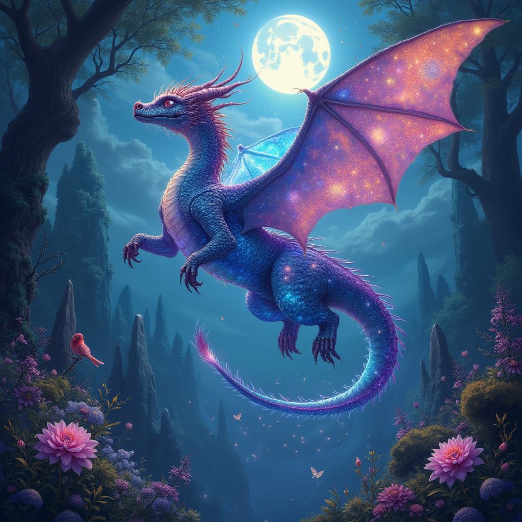 Bioluminescent Galaxy Dragon Soaring Over Crystal Forest