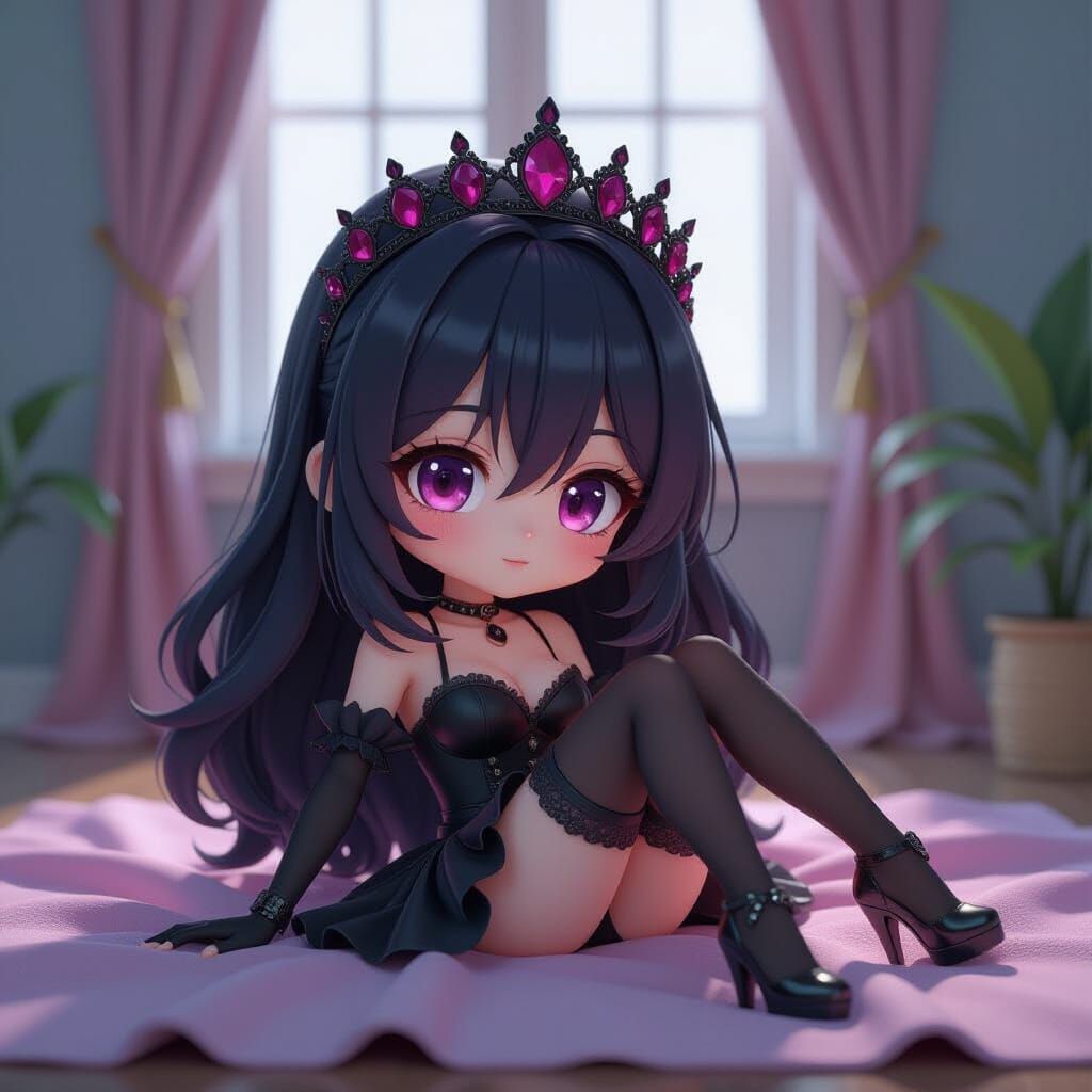 Chibi Girl with Dark Diadem and Platform Heels in 3D Anime S...