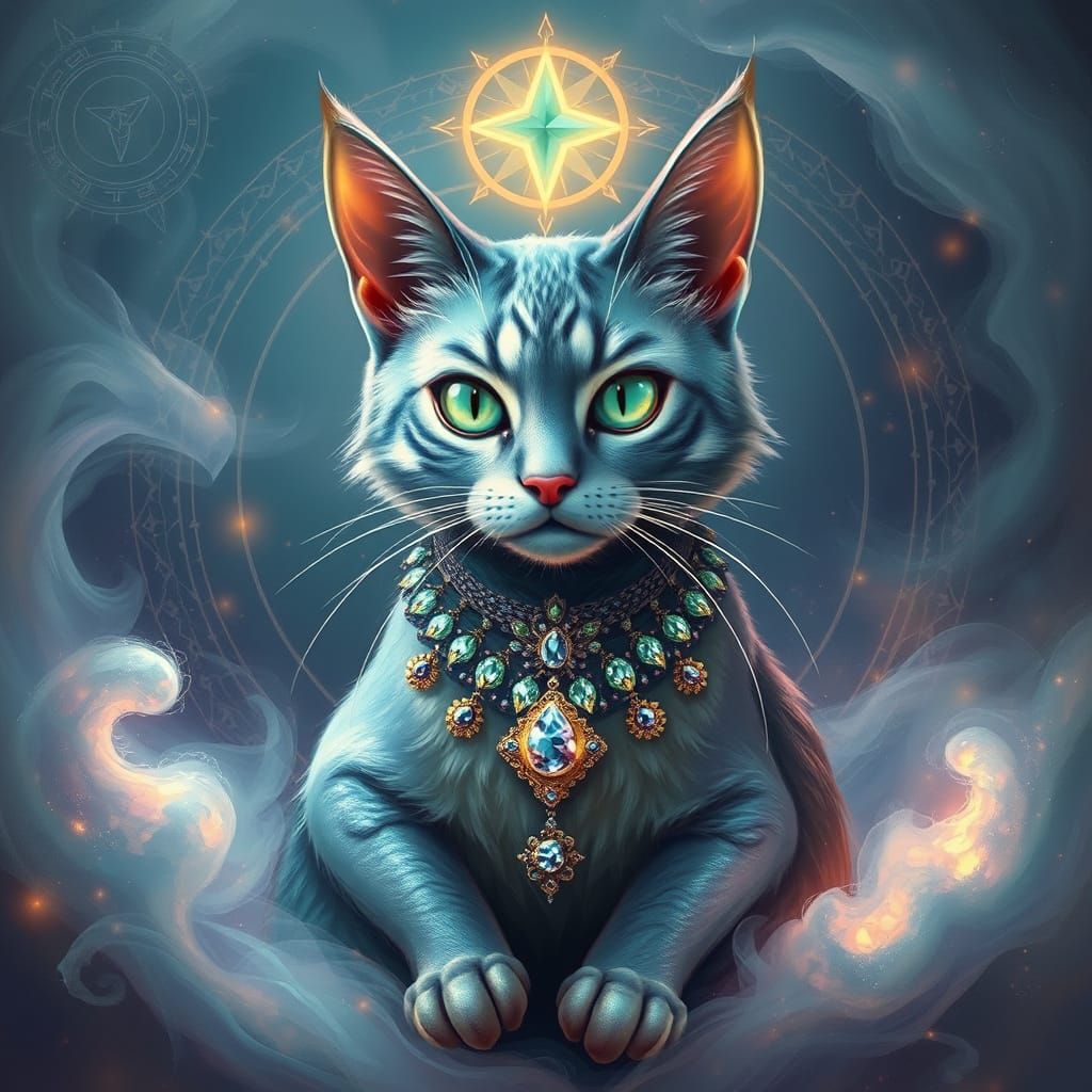 Majestic Iridescent Cat Amidst Ethereal Mist