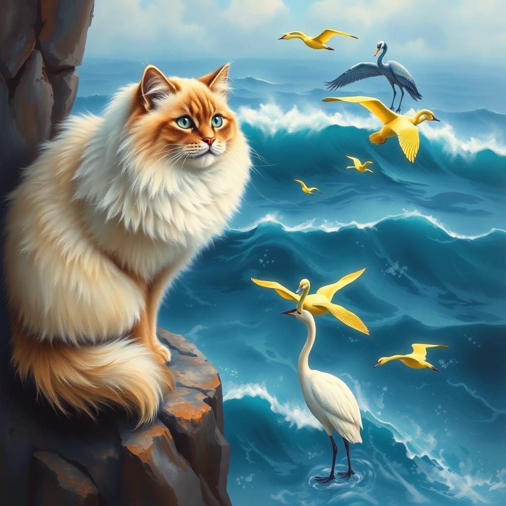 Siberian Cat and Seal Scene as Oil Painting