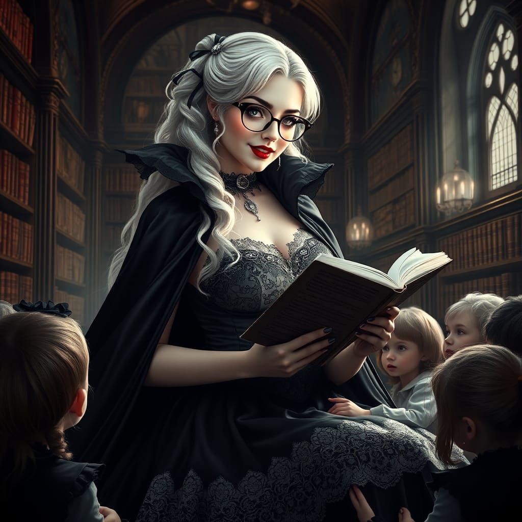 Gothic Vampiress Reading Poetry in a Library