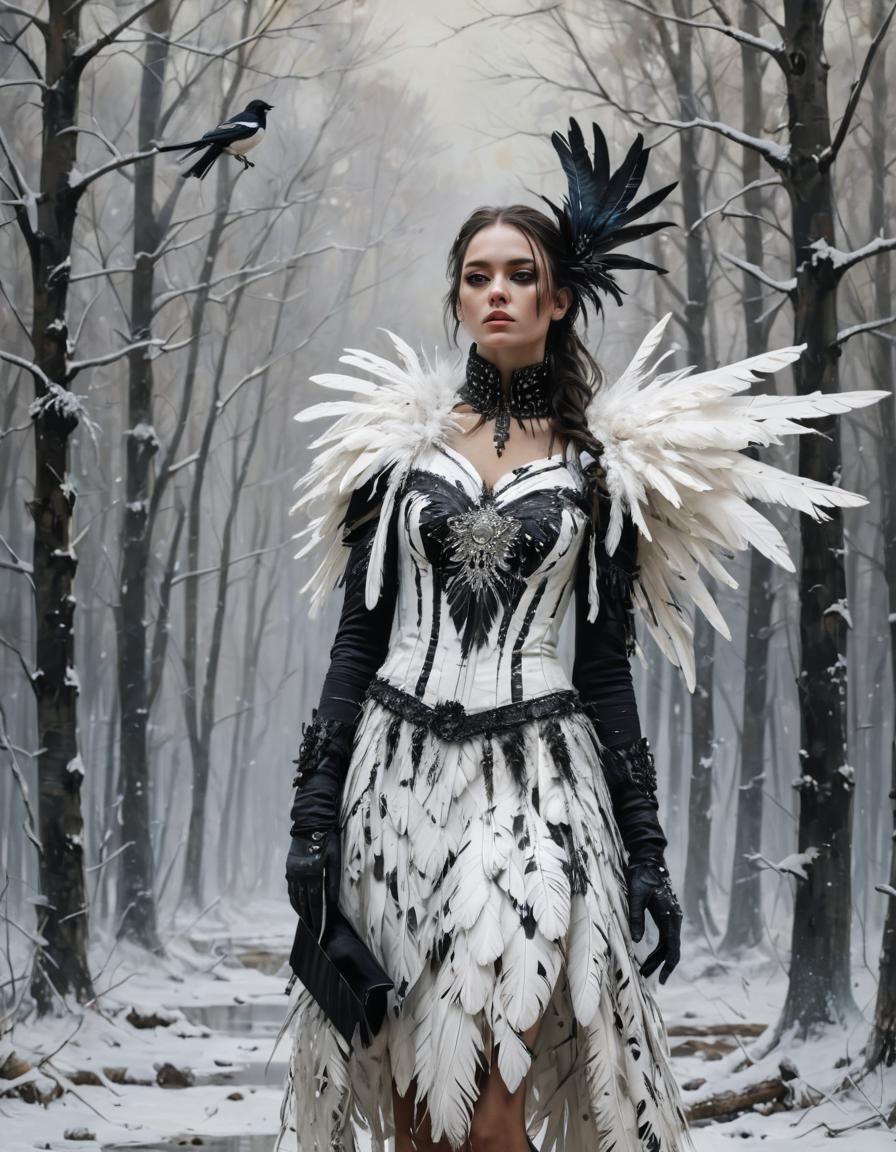 Girl in Magpie Costume: Detailed Oil Painting