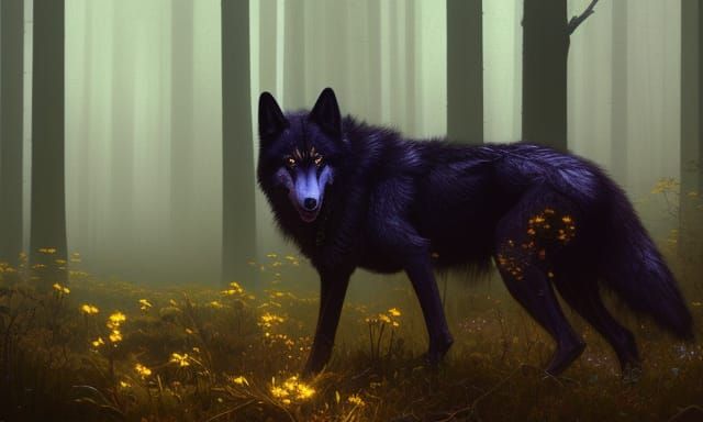 Black Wolf in Foggy Forest, Dark Fantasy Art
