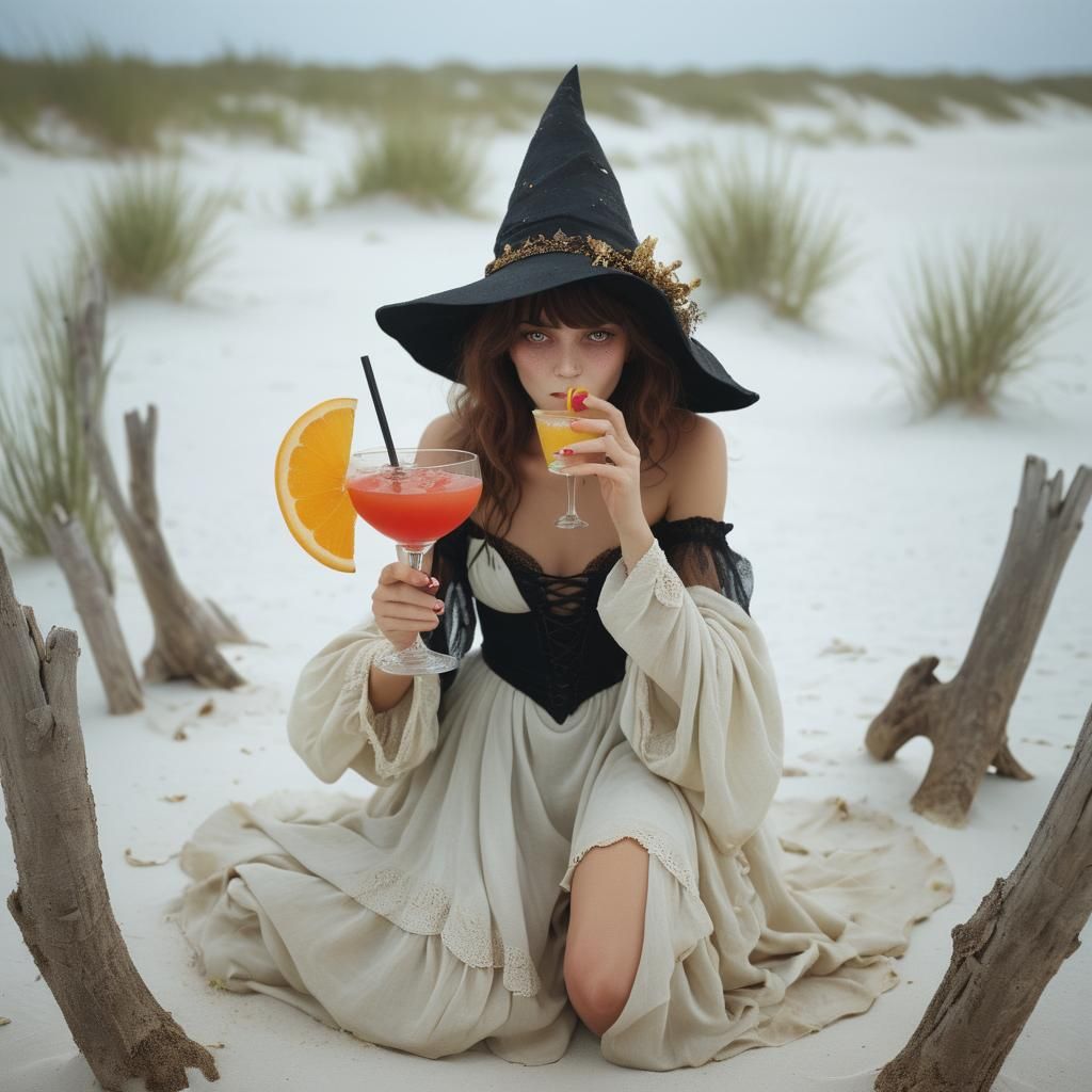 Faceless Witch Sipping Cocktail on White Sand Beach