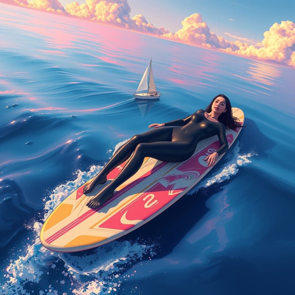 Giant Surfer Girl on Ocean, Dreamy Illustration