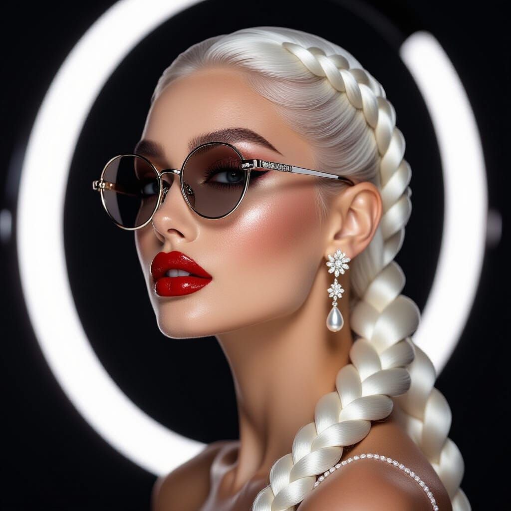Glamorous Beauty Fashion Photo with White Braid and Red Lips