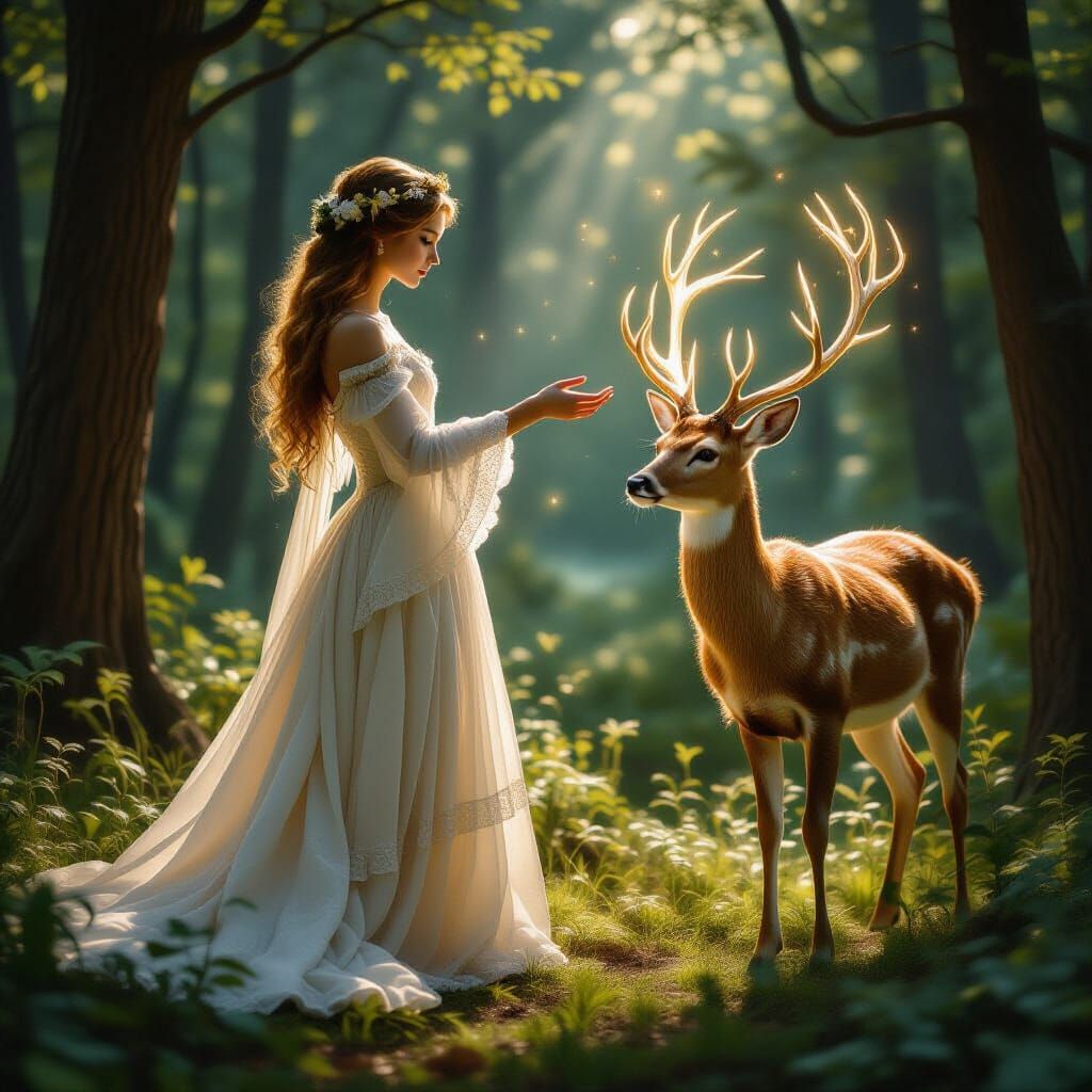 Ethereal Girl and Mystical Deer in Forest Clearing