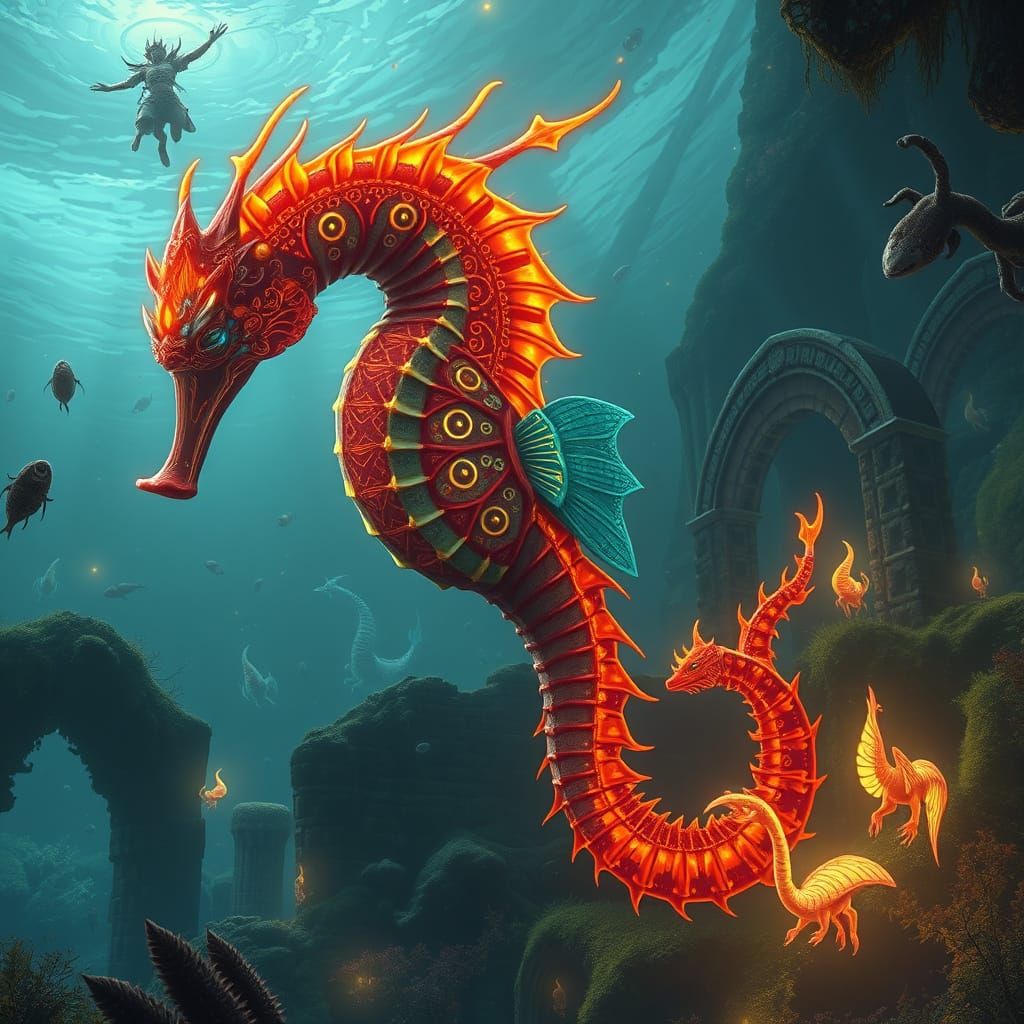 A majestic, fiery seahorse glides through an ethereal underwater world, adorned with intricate patterns and glowing acce...