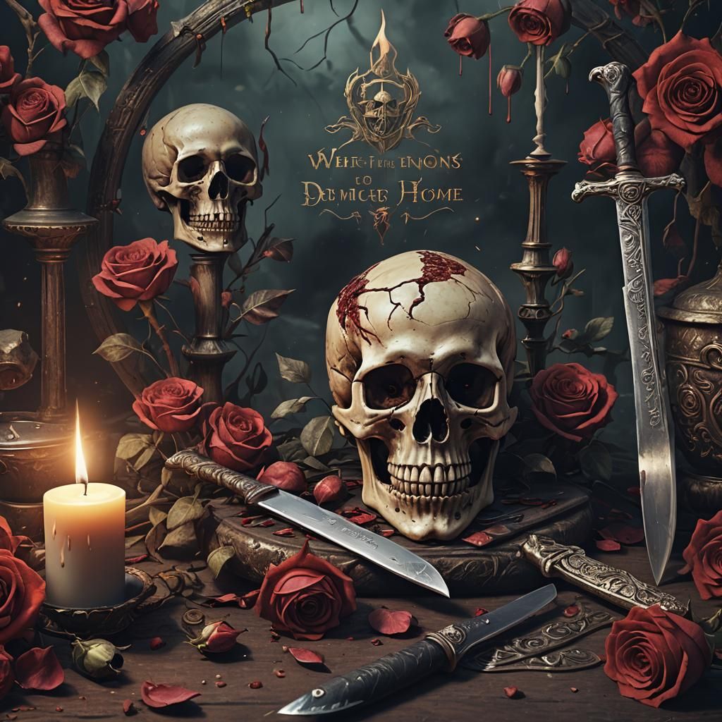 Skull and Roses Still Life in Detailed Matte Painting
