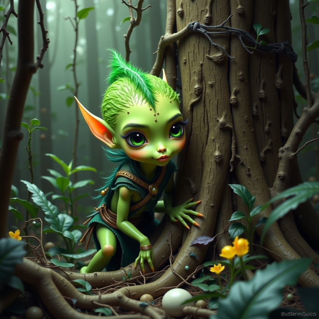 Iridescent Elf Hidden in Forest Depths