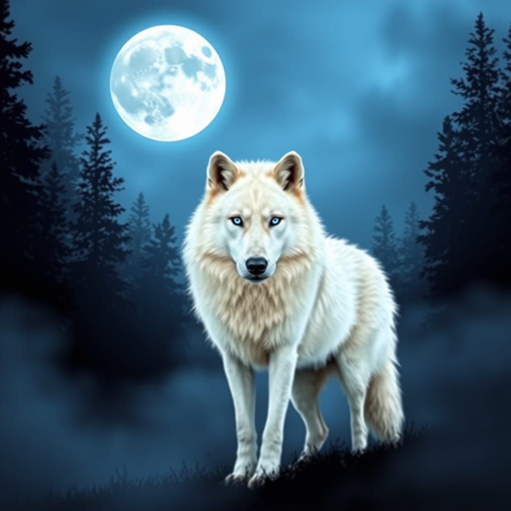 Mystical White Wolf in Foggy Forest Digital Art