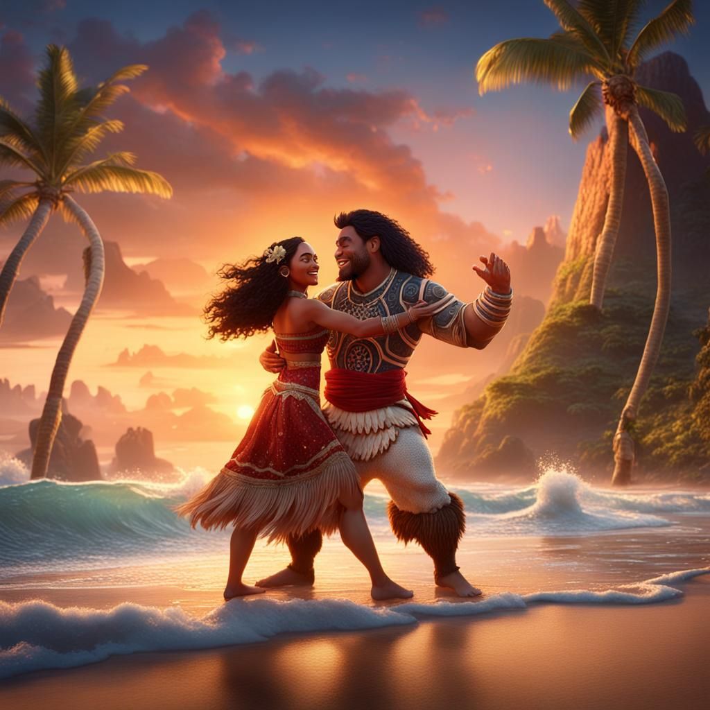 Moana dancing on the Beach with a Male Dancer as the sun is ...