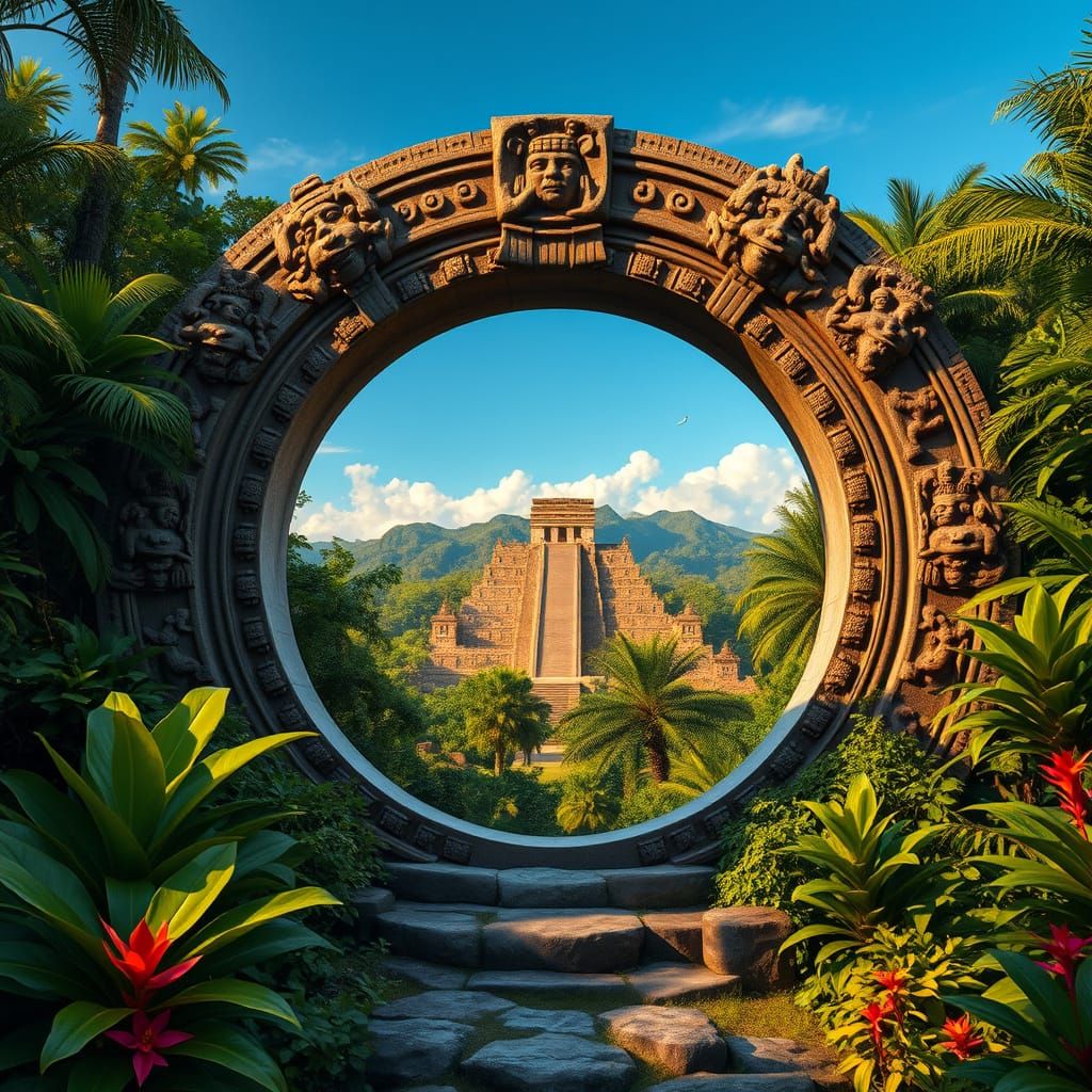 Maya Stone Portal to Golden City in Lush Rainforest