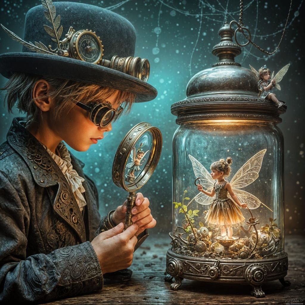 Steampunk Child Contemplates Captured Magical Fairy