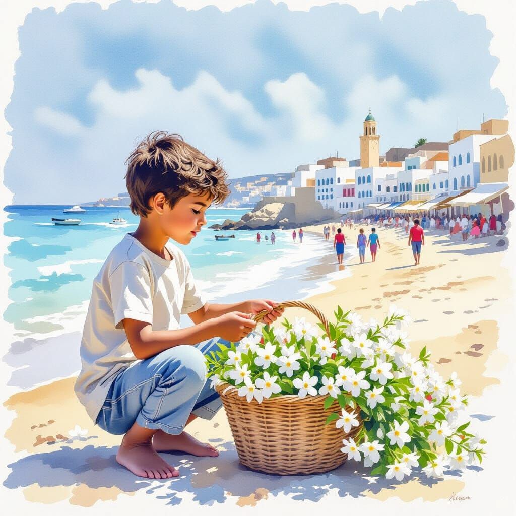 Boy Selling Jasmine Flowers on Tunisian Beach in Watercolor