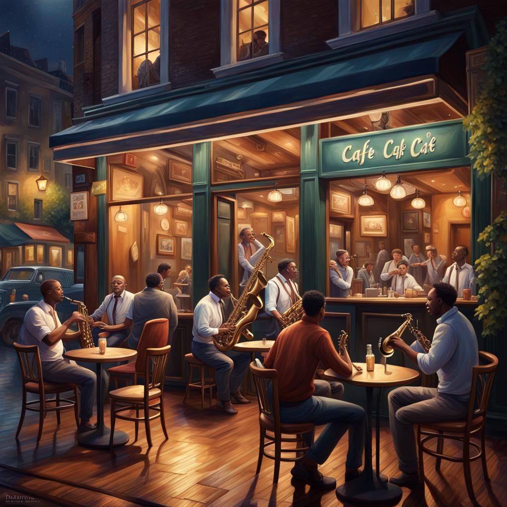 Elegant Cafe Jazz Night in Hyperrealistic Style