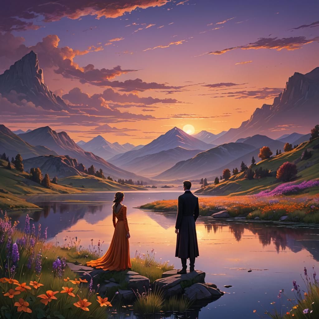 Sunset Lake Fantasy Landscape in Matte Painting Style