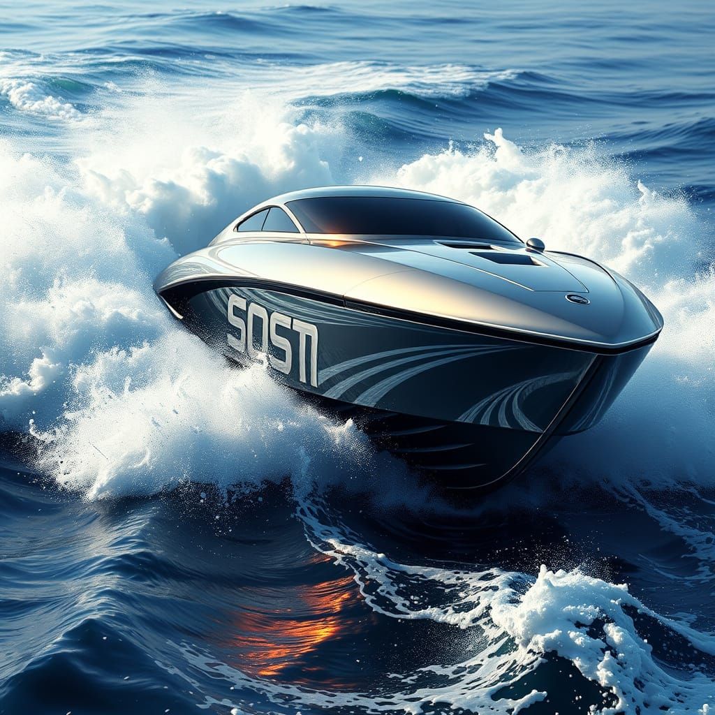 Futuristic Speed Boat Cuts Through Turbulent Sea Waves in Hy...