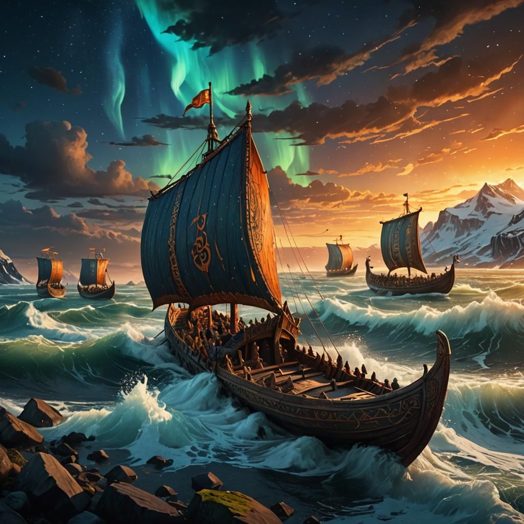 Viking Longboats Approaching Shore Under Northern Lights