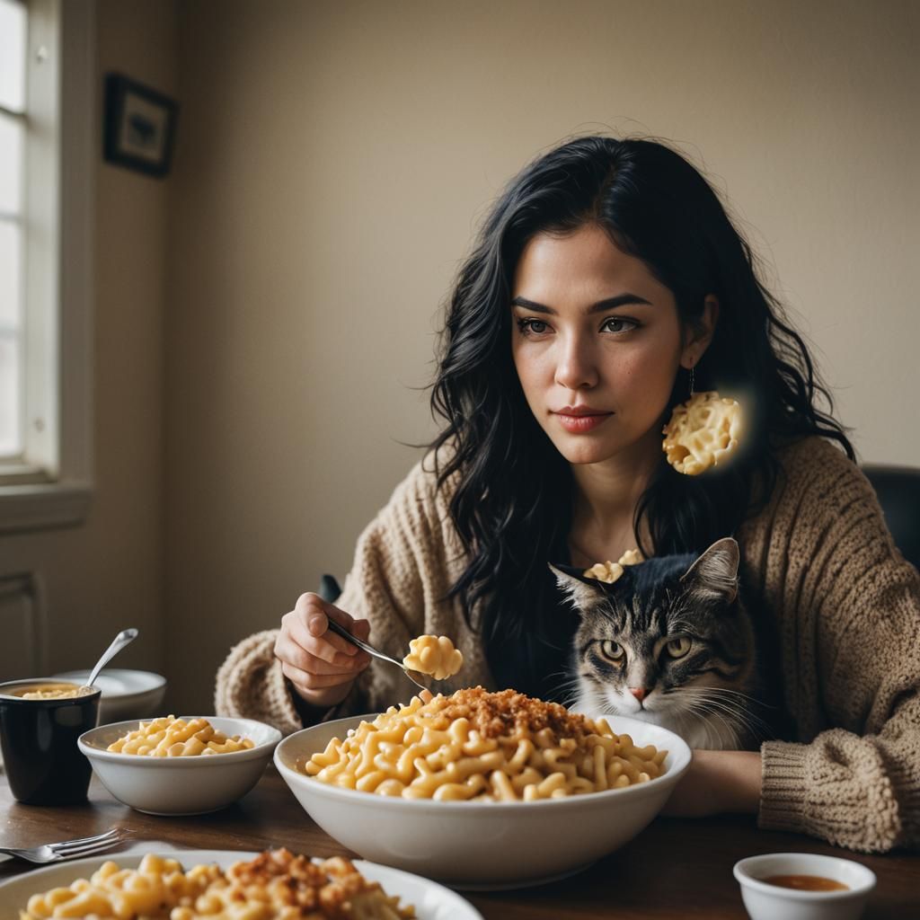 Woman with Cat Enjoying Mac and Cheese, Rembrandt Lighting