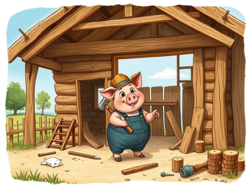 Second Pig Builds a Cozy Wooden Cottage in a Sunny Countrysi...
