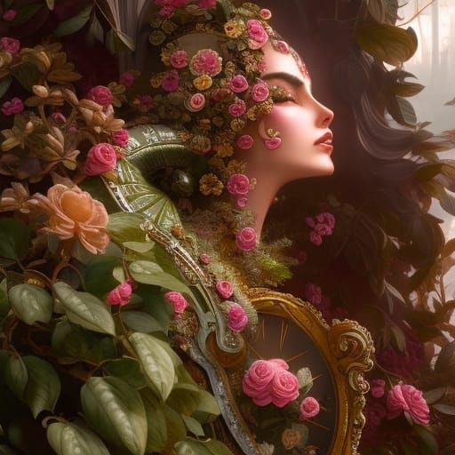 Ornate Clock in Emerald Forest, Digital Art