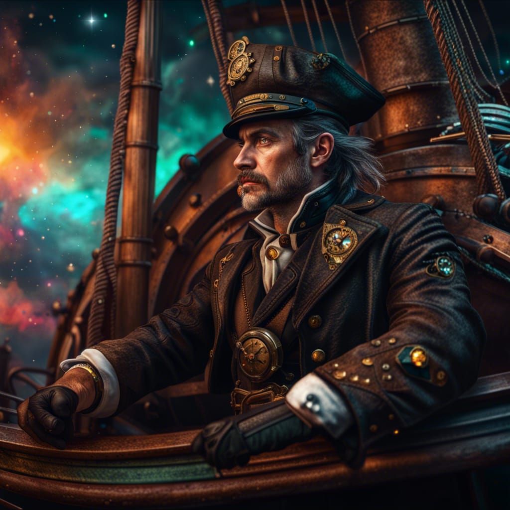 Steampunk Corsair Captain in Nebula, Hyperrealistic Art