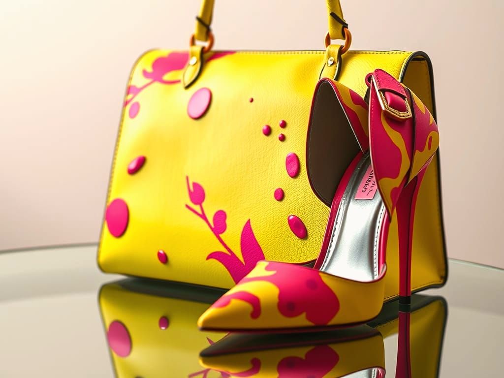 Lime Fuchsia Leather Handbag & Heels on Glass Table