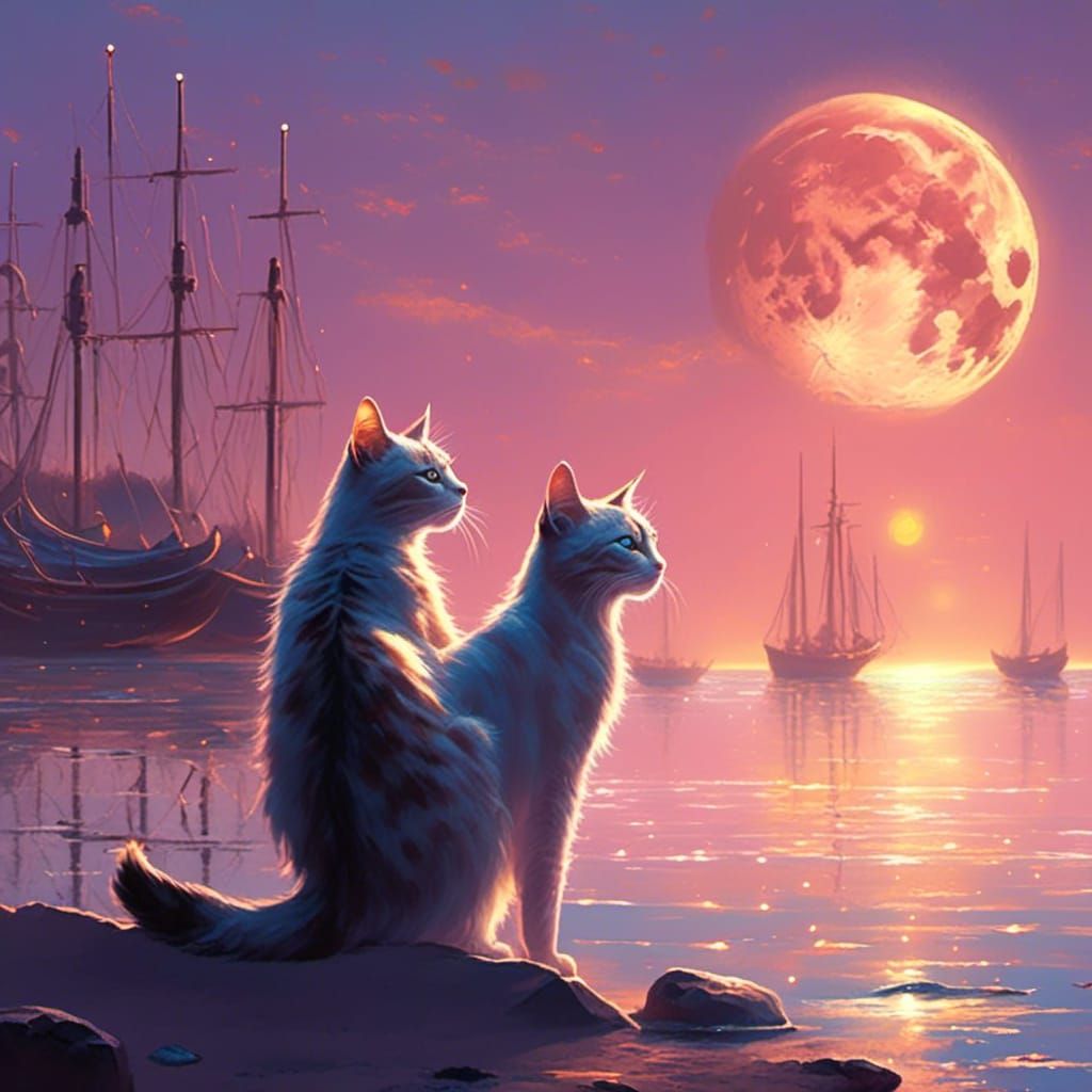 Glamorous Cat Holds Moon on Beach, Fantasy Art