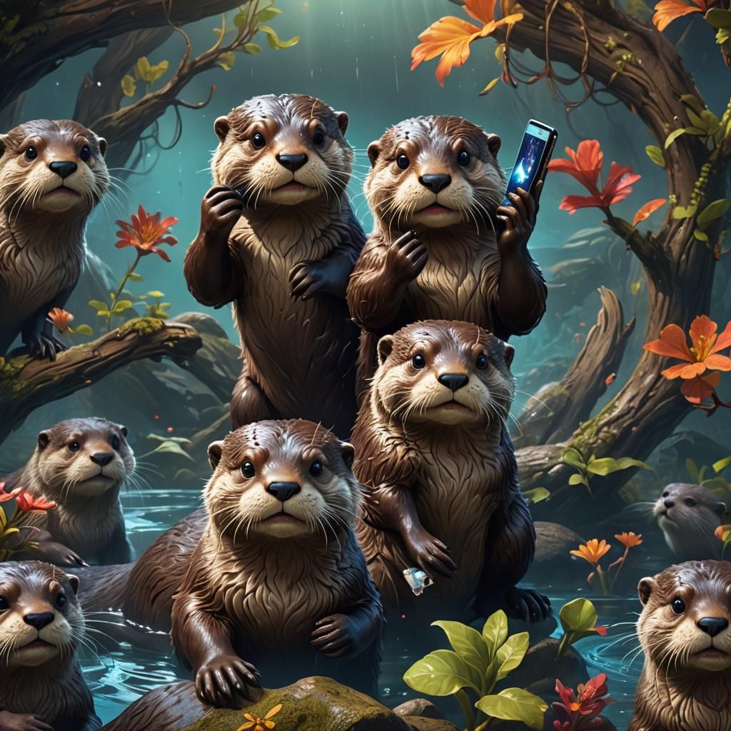 Otter on Cell Phone: Detailed Matte Painting