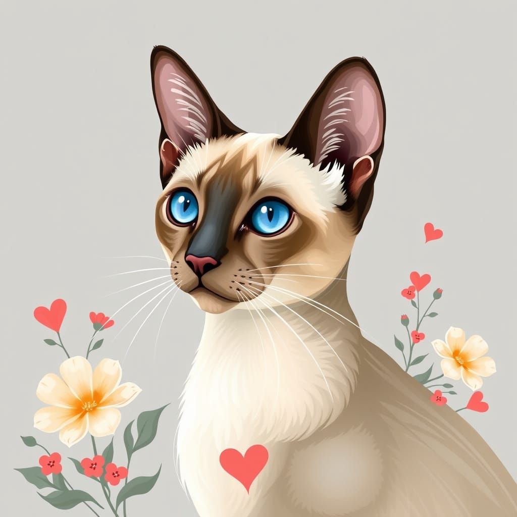 Ethereal Siamese Cat amidst Vibrant Blooms and Hearts