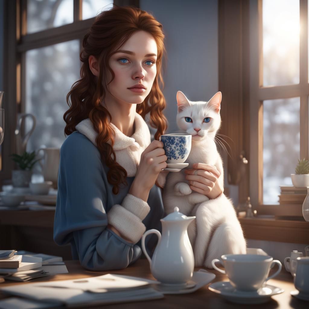 Girl with Cat Enjoying Morning Tea: 3D Render