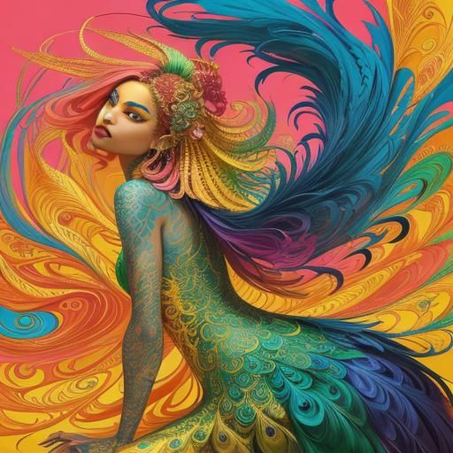 Dragon-Peacock Woman in Abstract Expressionism Style