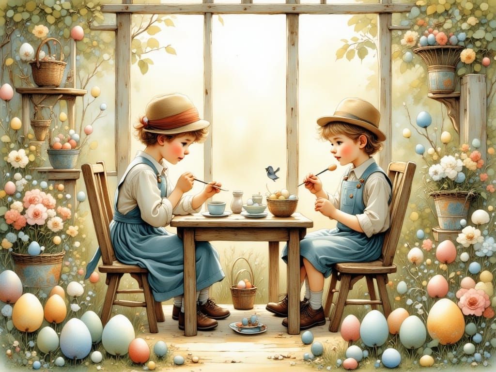 Children Paint Easter Eggs Together in a Vintage-Style Garde...