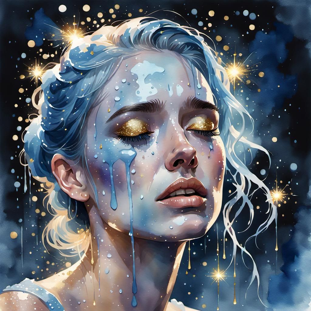 Crying Girl in Pastel Blue Watercolor