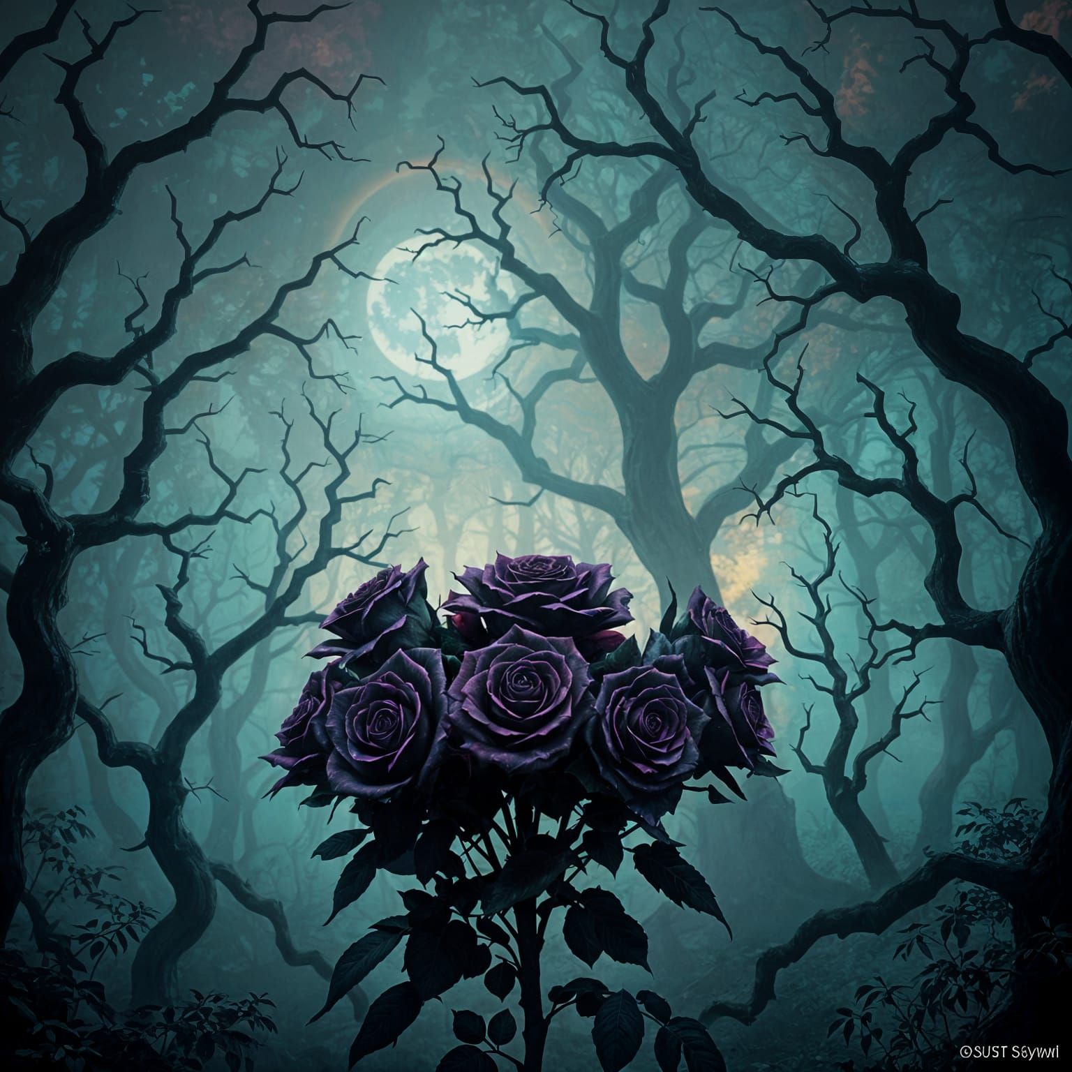 Gothic Black Roses in a Mystical Forest